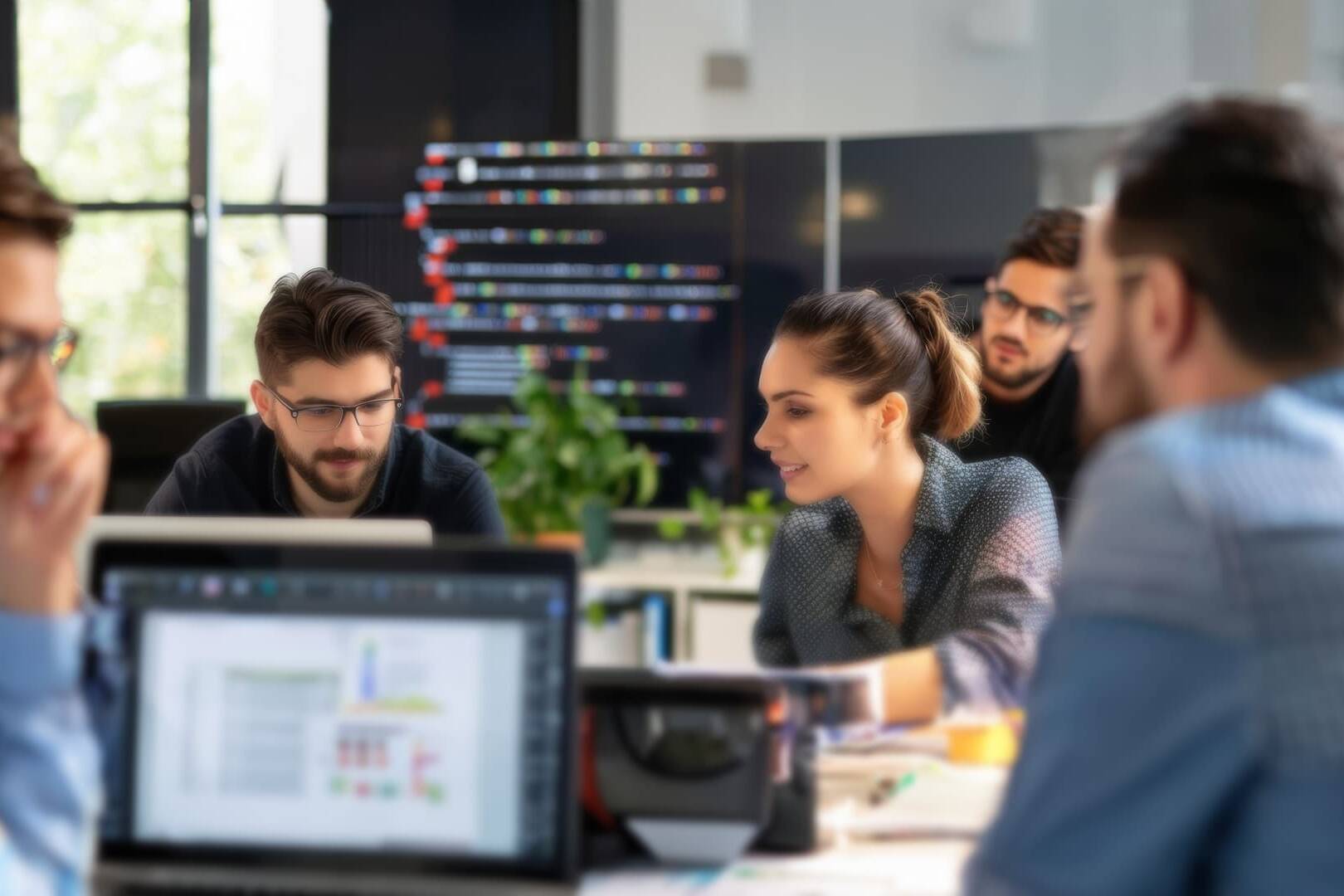 A team of IT professionals discussing a project at a modern workspace, symbolizing Denmark's digital growth potential