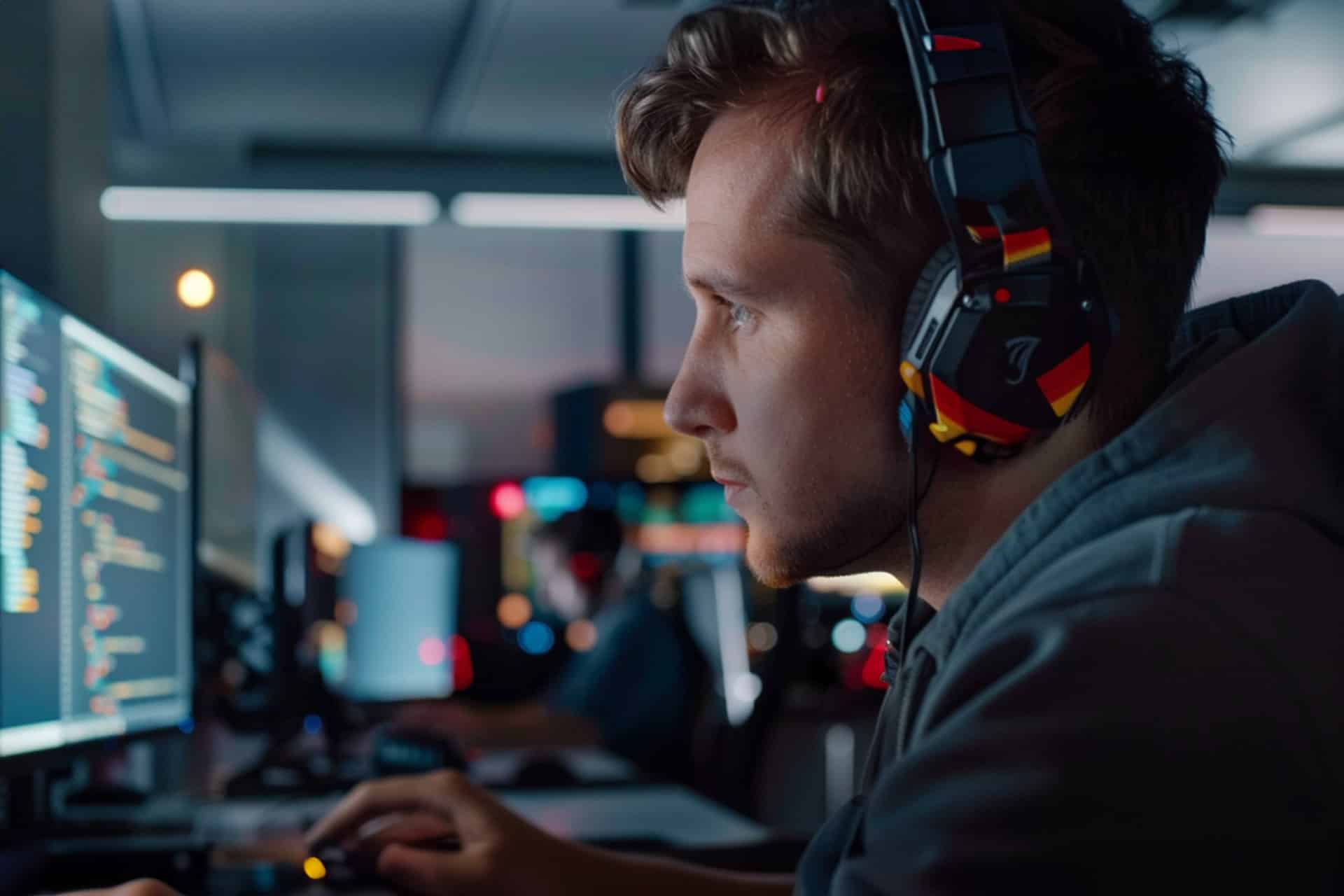 A young man with headphones sits at a desk in front of multiple computer monitors in a dimly-lit room, with a blurred German flag in the background